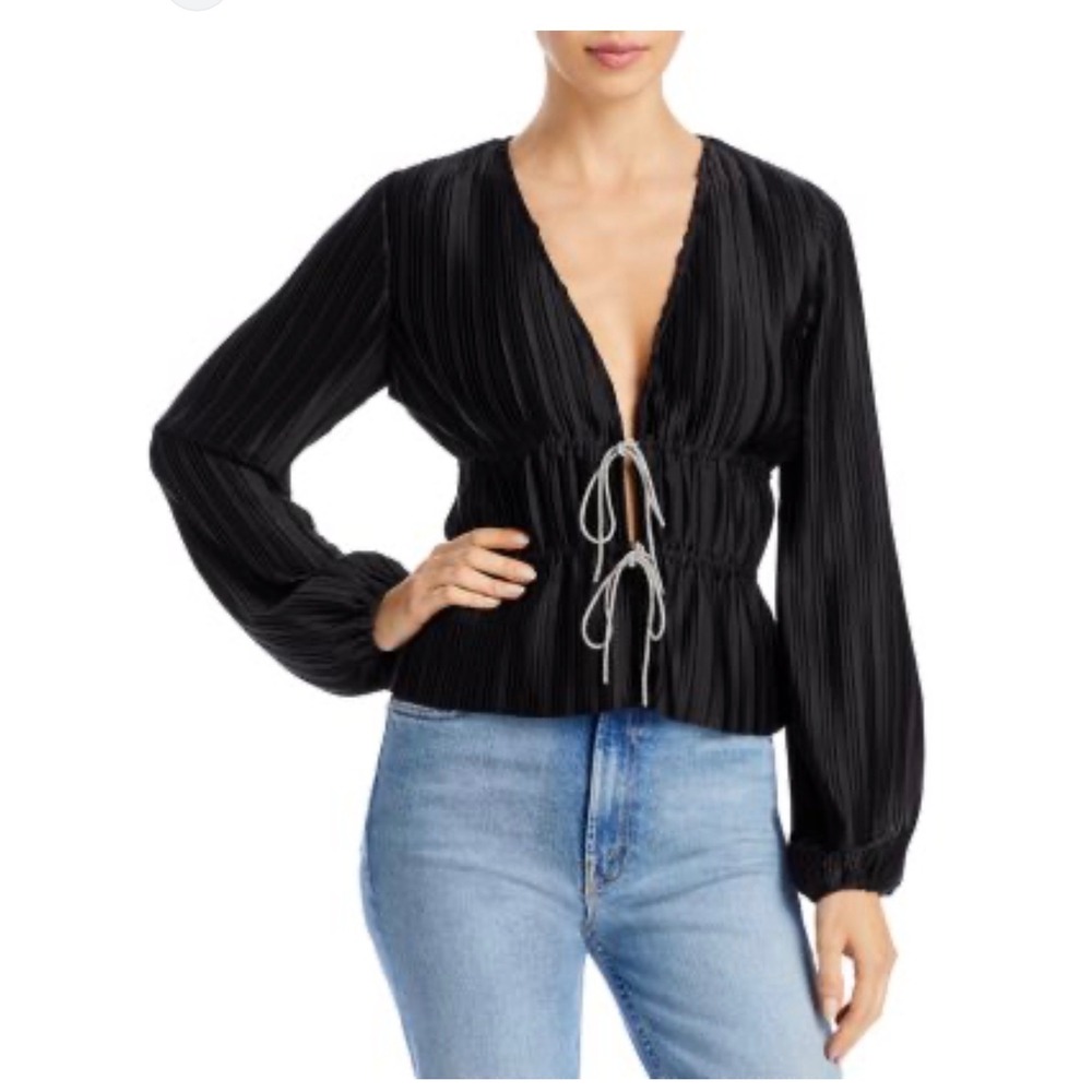 WAYF Black Pleated Deep V-Neck Rhinestone‎ Tie Front Long Sleeve Top Small NWT